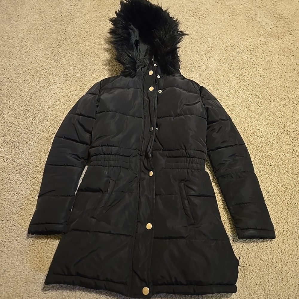 Women's Black Puffer Coat with Faux Fur Hood